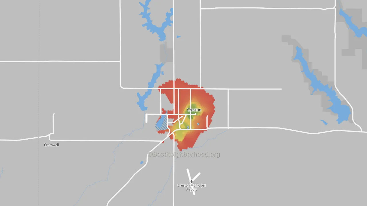 Walk Grade map of 50801, IA, walkable areas in green and car-dependent areas in red