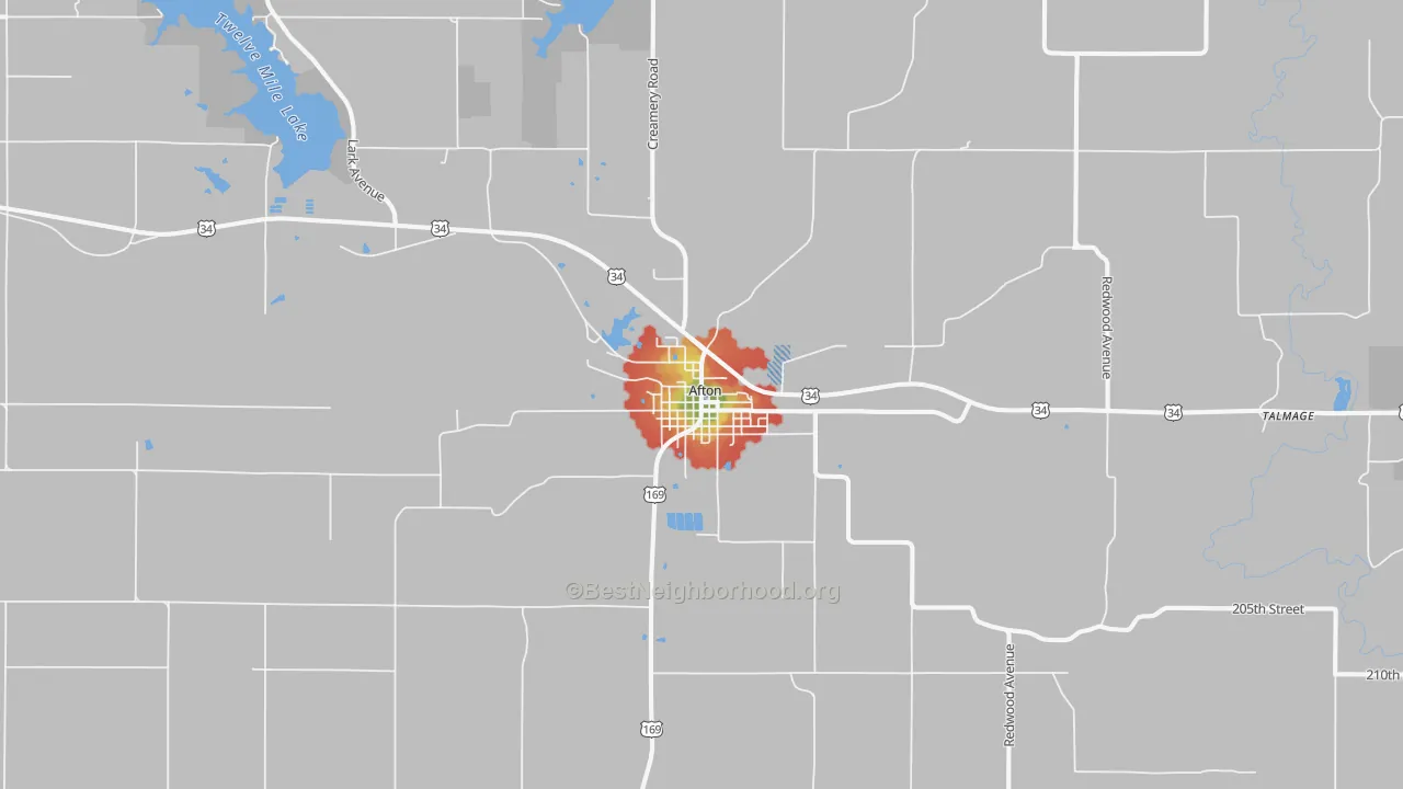 Walk Grade map of 50830, IA, walkable areas in green and car-dependent areas in red
