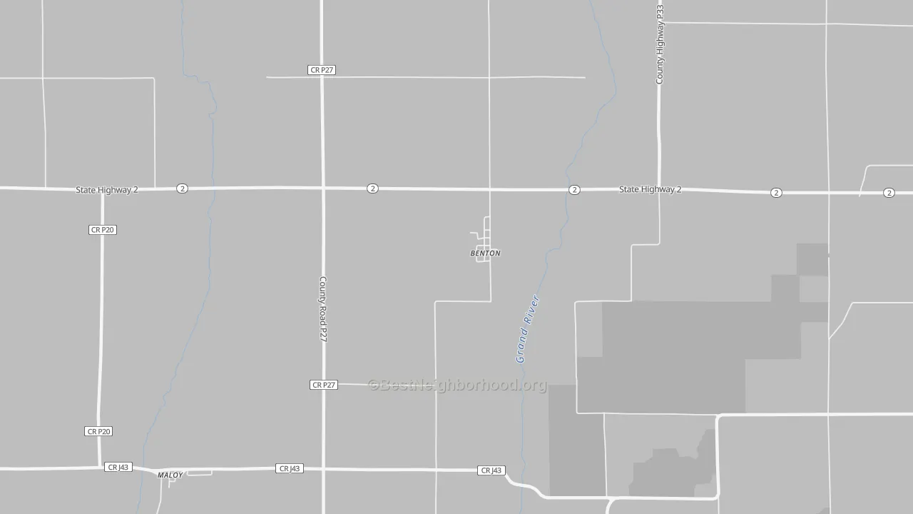 Walk Grade map of 50835, IA, walkable areas in green and car-dependent areas in red