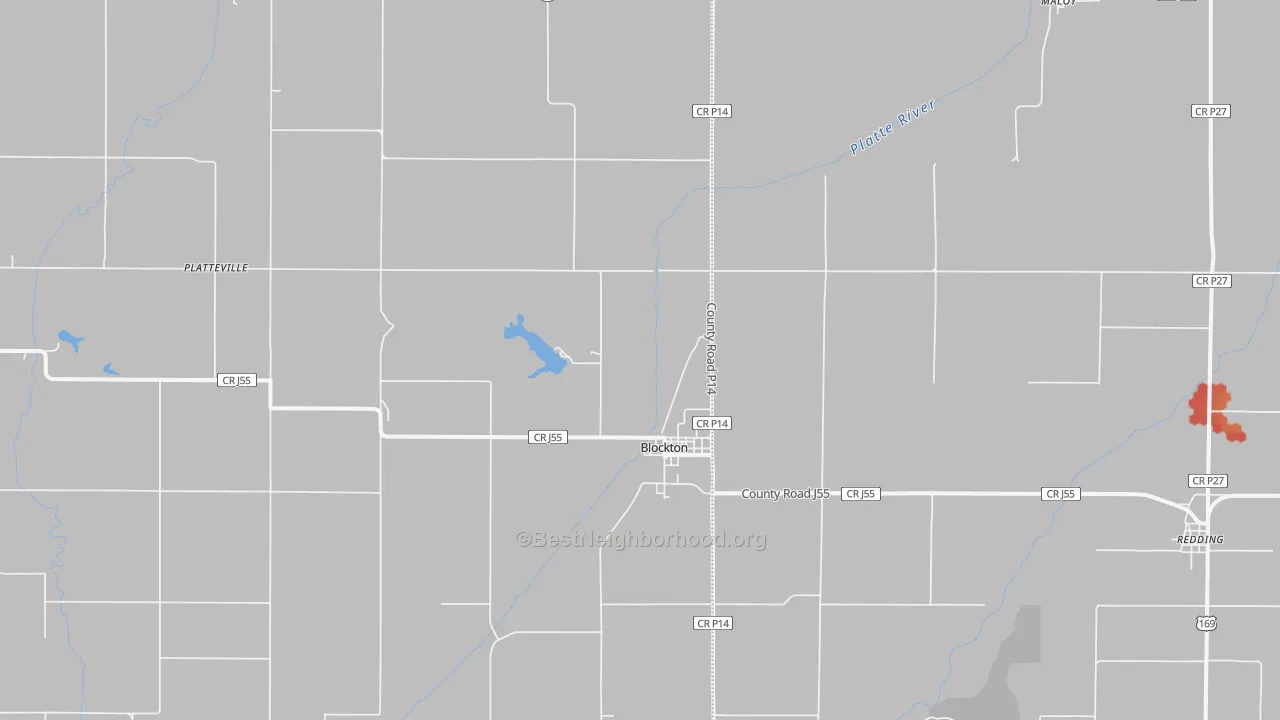 Walk Grade map of 50836, IA, walkable areas in green and car-dependent areas in red