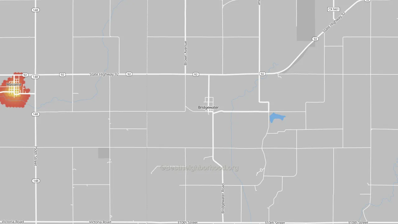 Walk Grade map of 50837, IA, walkable areas in green and car-dependent areas in red