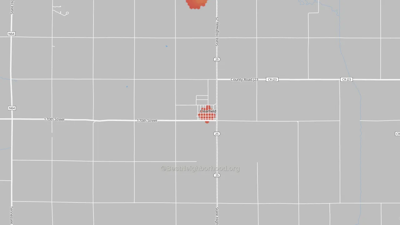 Walk Grade map of 50840, IA, walkable areas in green and car-dependent areas in red