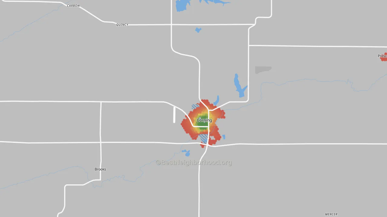 Walk Grade map of 50841, IA, walkable areas in green and car-dependent areas in red