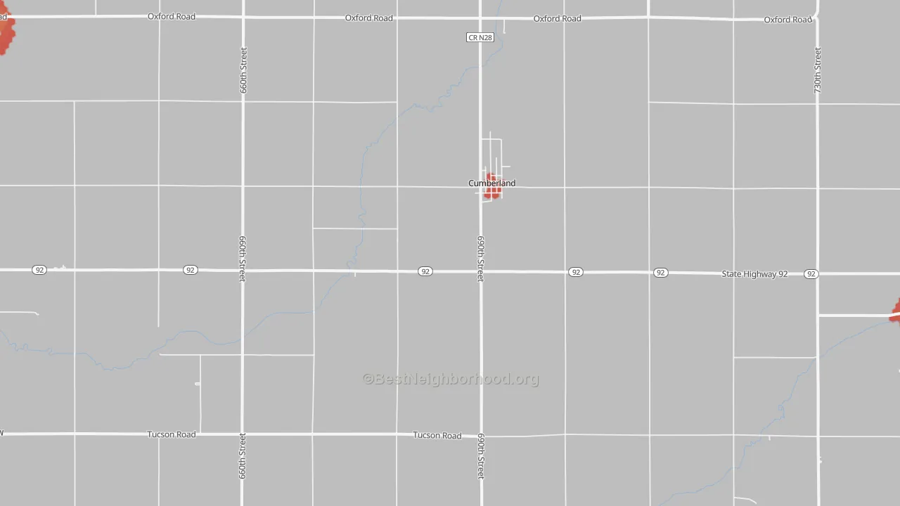 Walk Grade map of 50843, IA, walkable areas in green and car-dependent areas in red