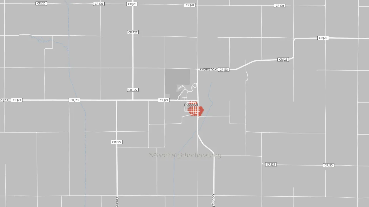 Walk Grade map of 50845, IA, walkable areas in green and car-dependent areas in red