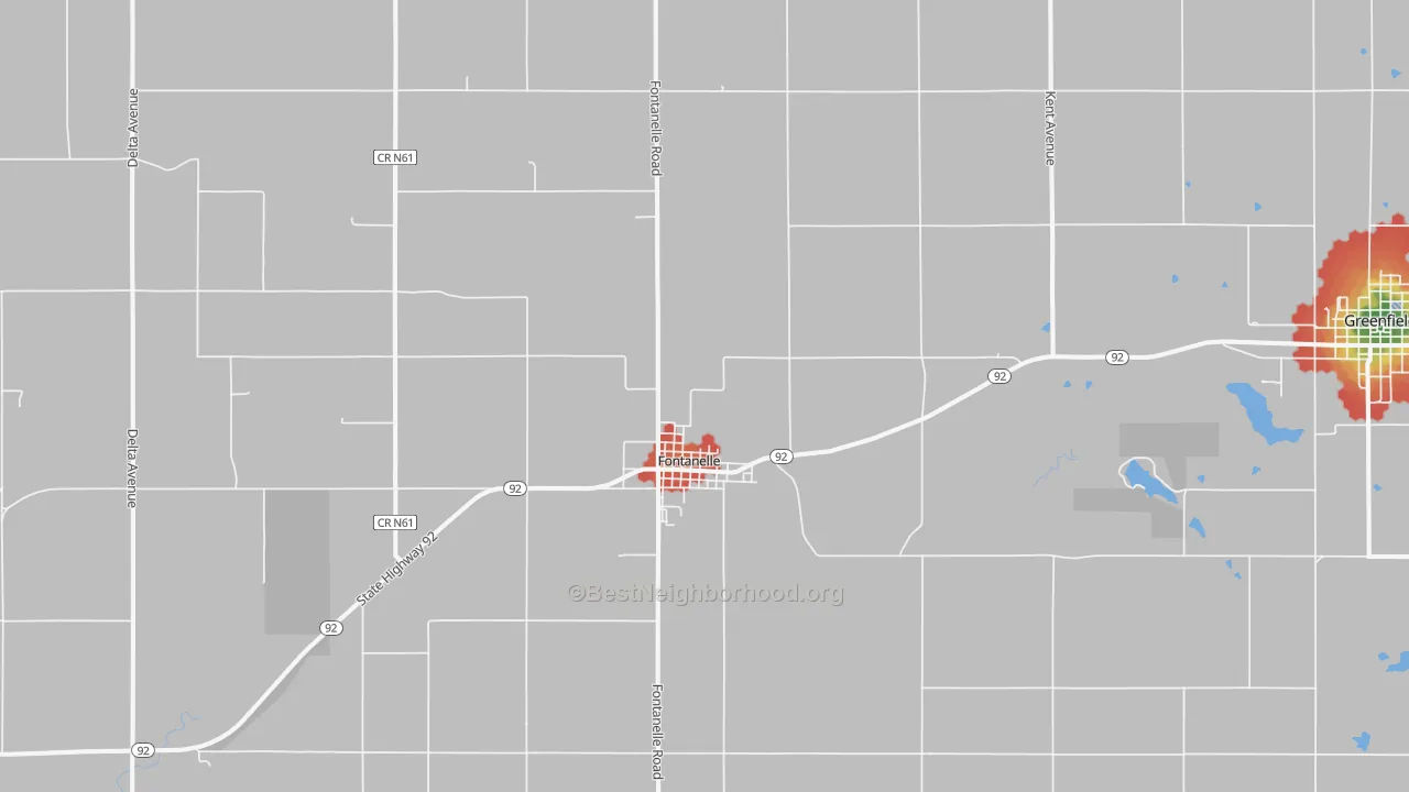 Walk Grade map of 50846, IA, walkable areas in green and car-dependent areas in red