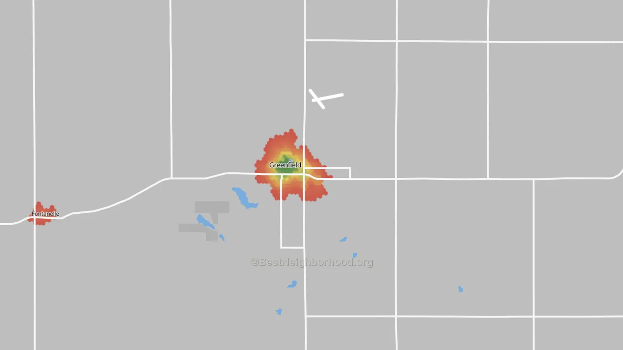 Walk Grade map of 50849, IA, walkable areas in green and car-dependent areas in red