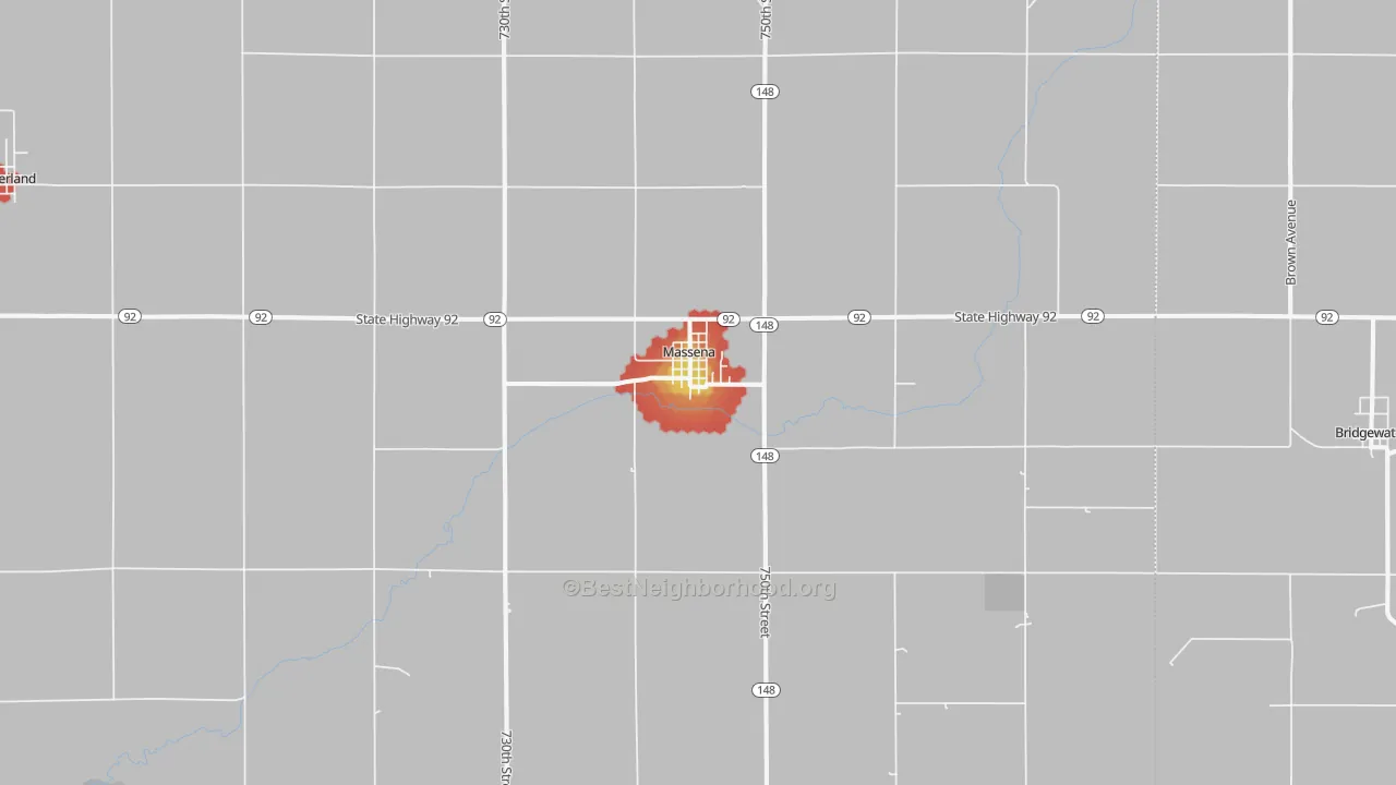 Walk Grade map of 50853, IA, walkable areas in green and car-dependent areas in red