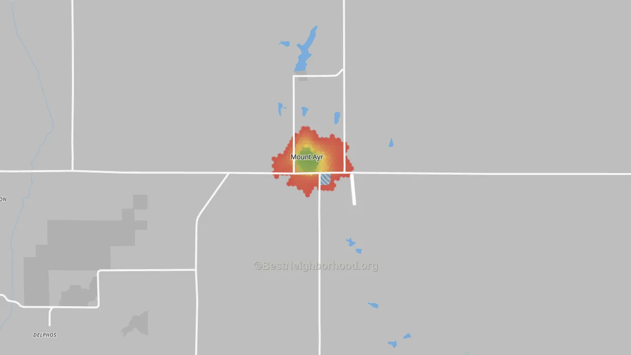 Walk Grade map of 50854, IA, walkable areas in green and car-dependent areas in red