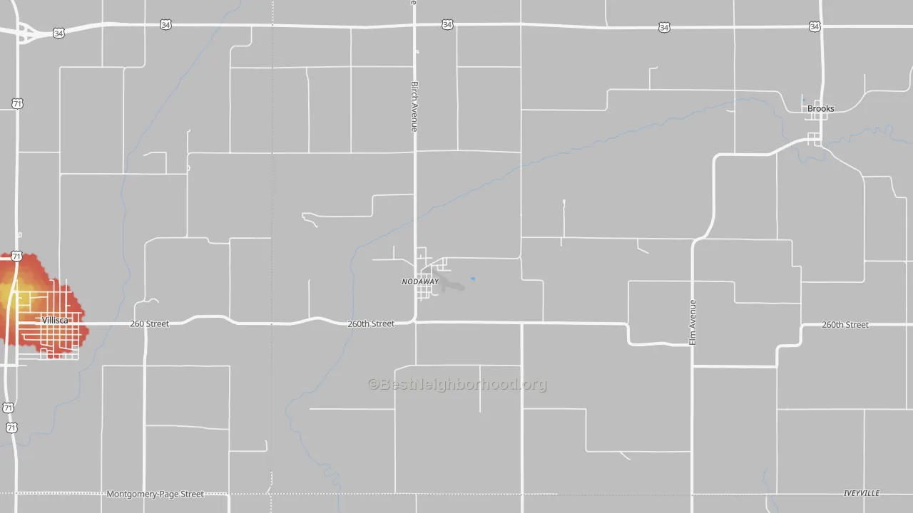 Walk Grade map of 50857, IA, walkable areas in green and car-dependent areas in red