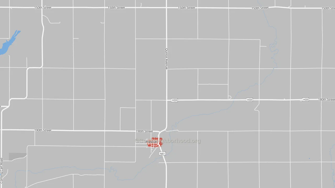 Walk Grade map of 50859, IA, walkable areas in green and car-dependent areas in red