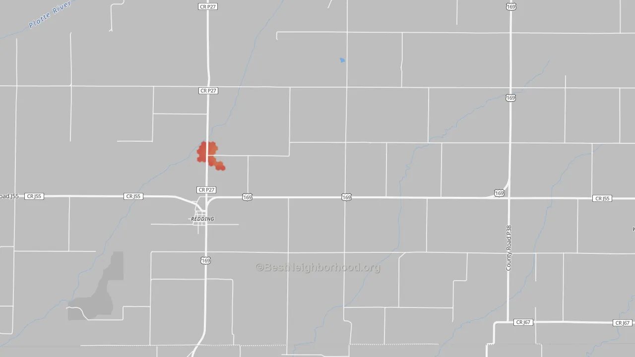 Walk Grade map of 50860, IA, walkable areas in green and car-dependent areas in red