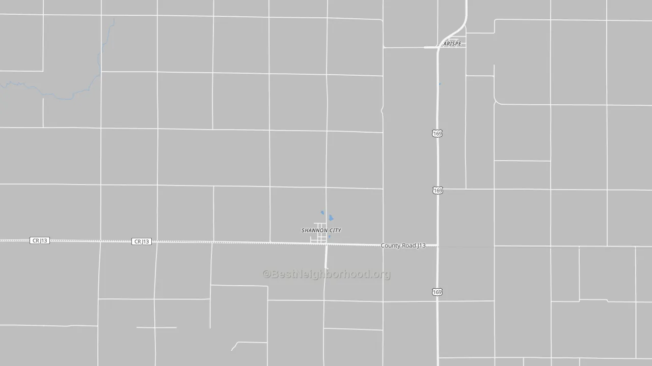 Walk Grade map of 50861, IA, walkable areas in green and car-dependent areas in red