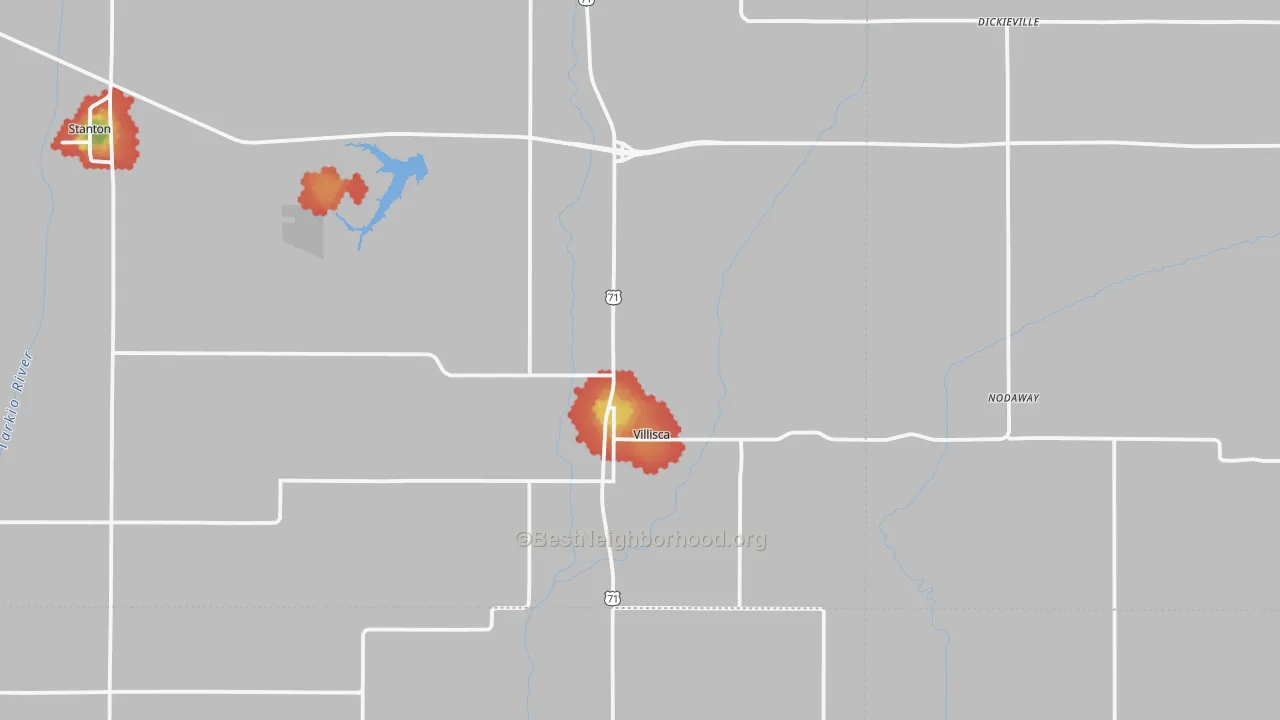Walk Grade map of 50864, IA, walkable areas in green and car-dependent areas in red