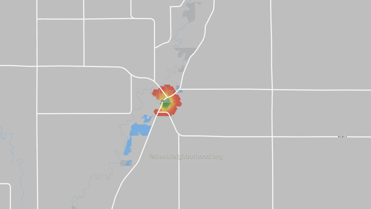 Walk Grade map of 51001, IA, walkable areas in green and car-dependent areas in red
