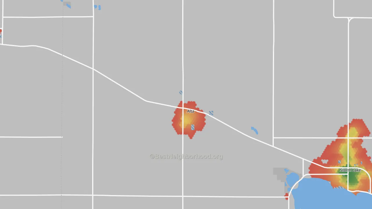 Walk Grade map of 51002, IA, walkable areas in green and car-dependent areas in red