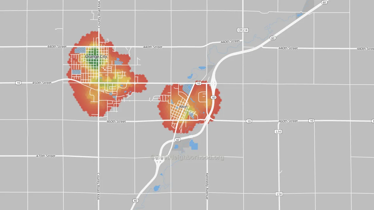 Walk Grade map of 51003, IA, walkable areas in green and car-dependent areas in red