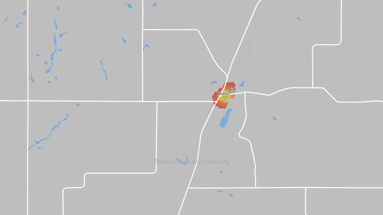Walk Grade map of 51004, IA, walkable areas in green and car-dependent areas in red