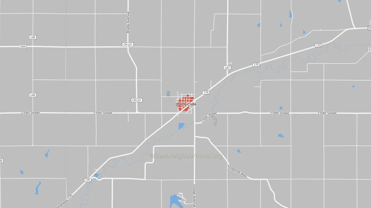 Walk Grade map of 51006, IA, walkable areas in green and car-dependent areas in red