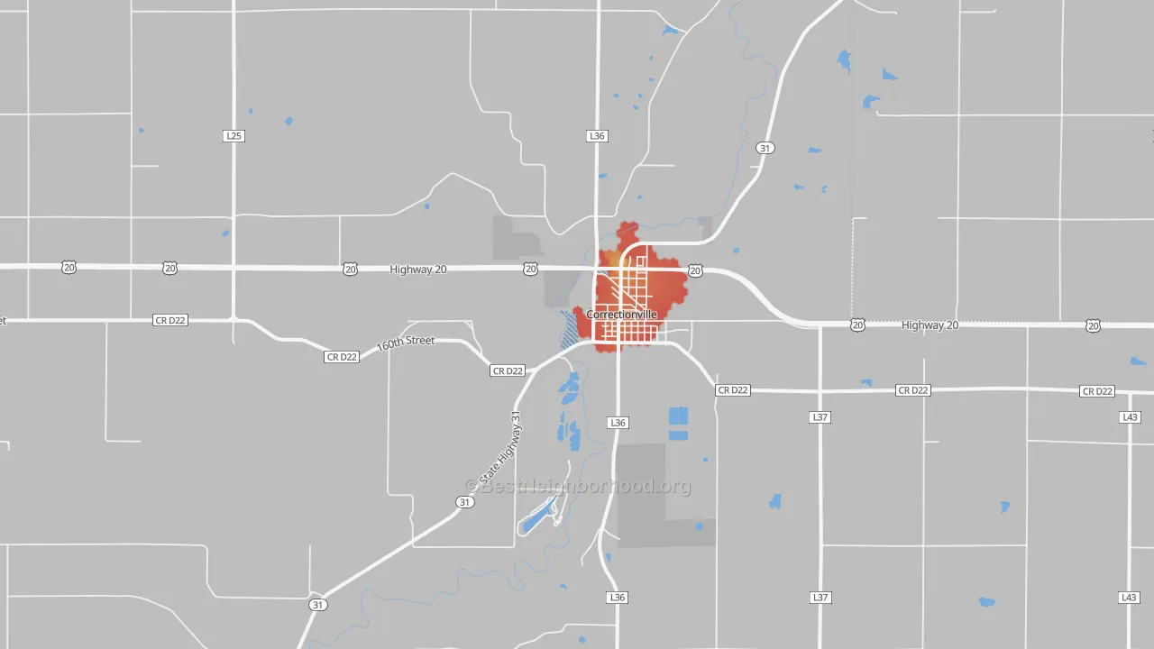Walk Grade map of 51016, IA, walkable areas in green and car-dependent areas in red