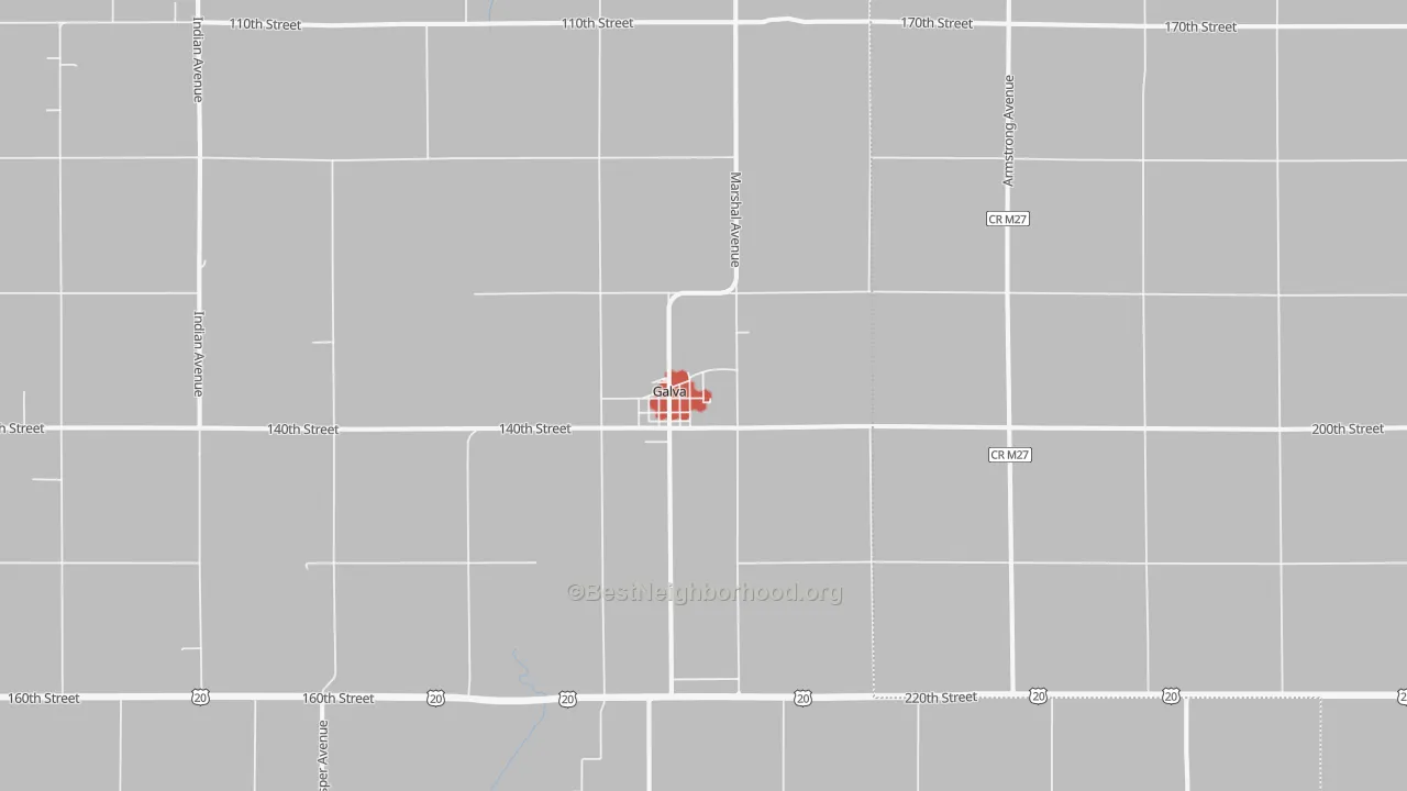 Walk Grade map of 51020, IA, walkable areas in green and car-dependent areas in red