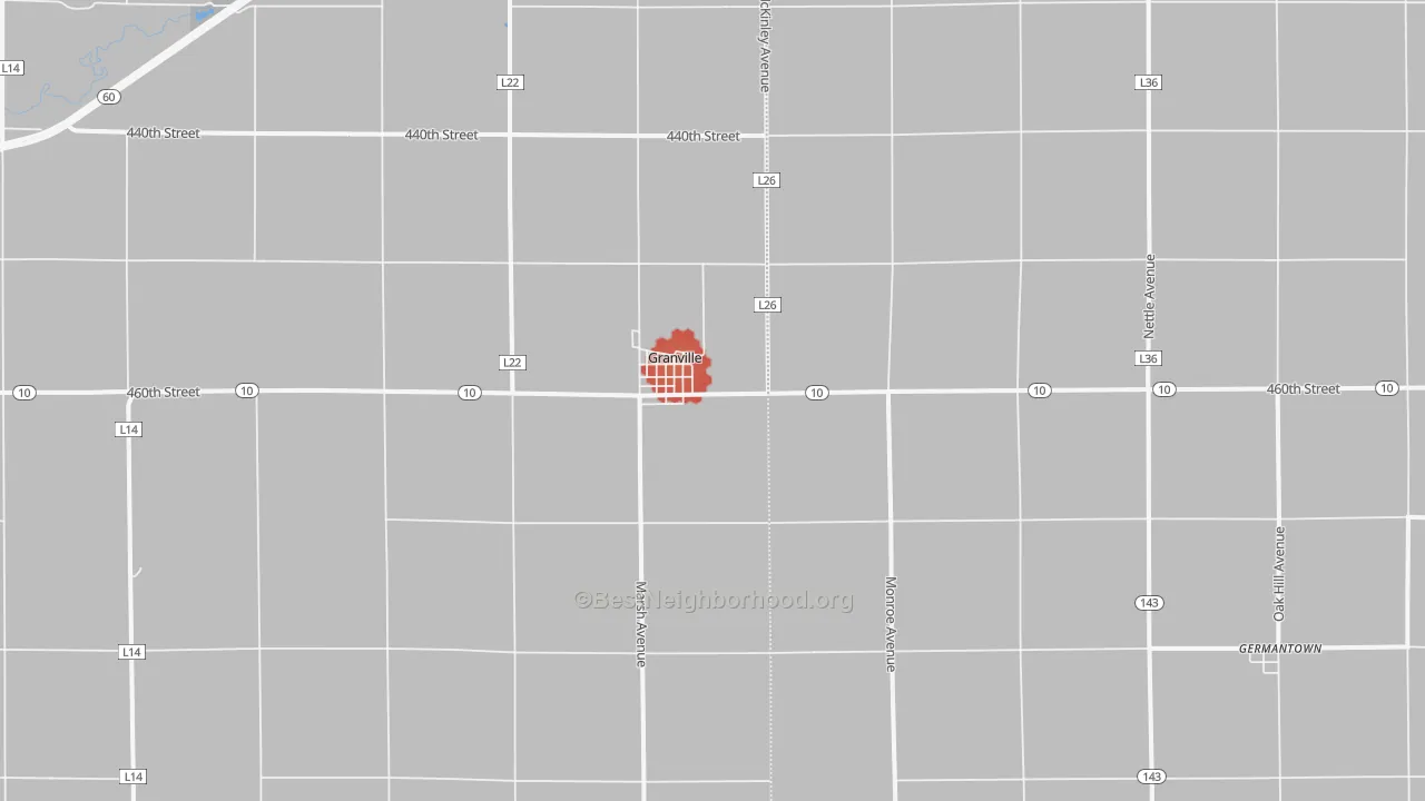 Walk Grade map of 51022, IA, walkable areas in green and car-dependent areas in red