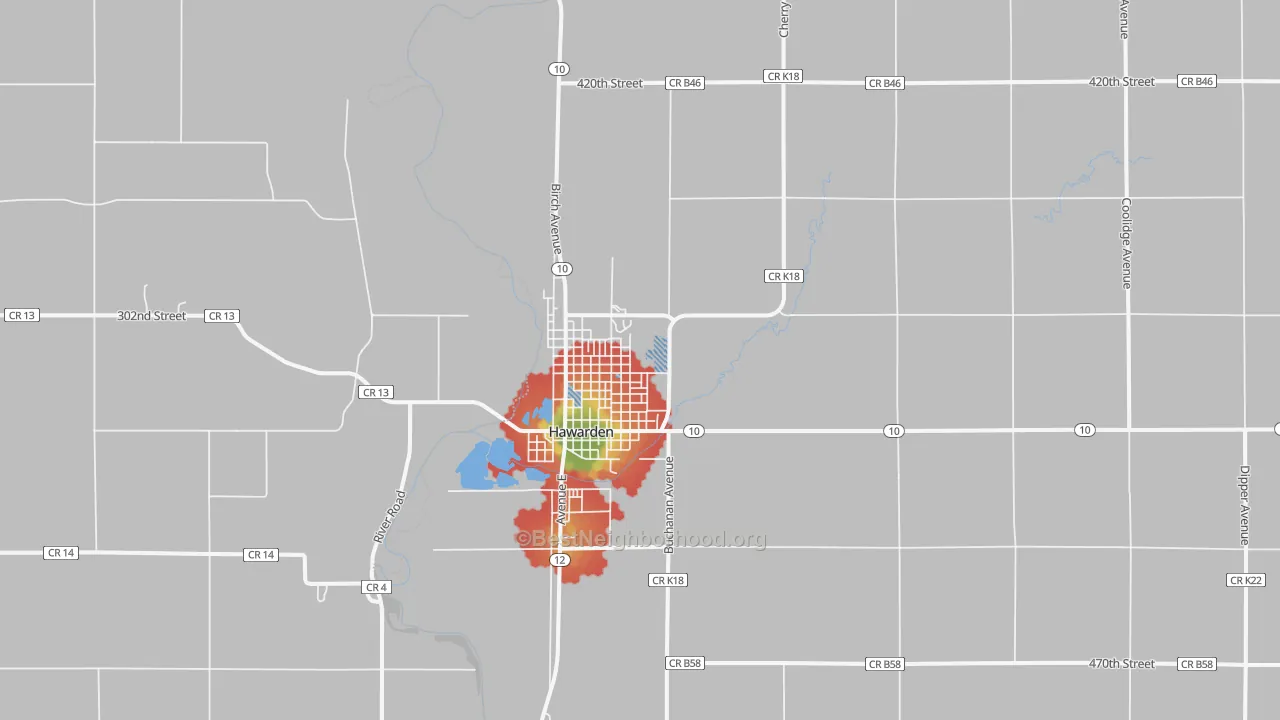 Walk Grade map of 51023, IA, walkable areas in green and car-dependent areas in red