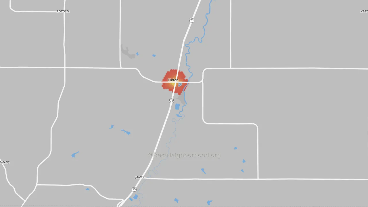 Walk Grade map of 51024, IA, walkable areas in green and car-dependent areas in red