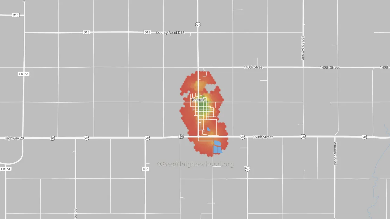 Walk Grade map of 51025, IA, walkable areas in green and car-dependent areas in red