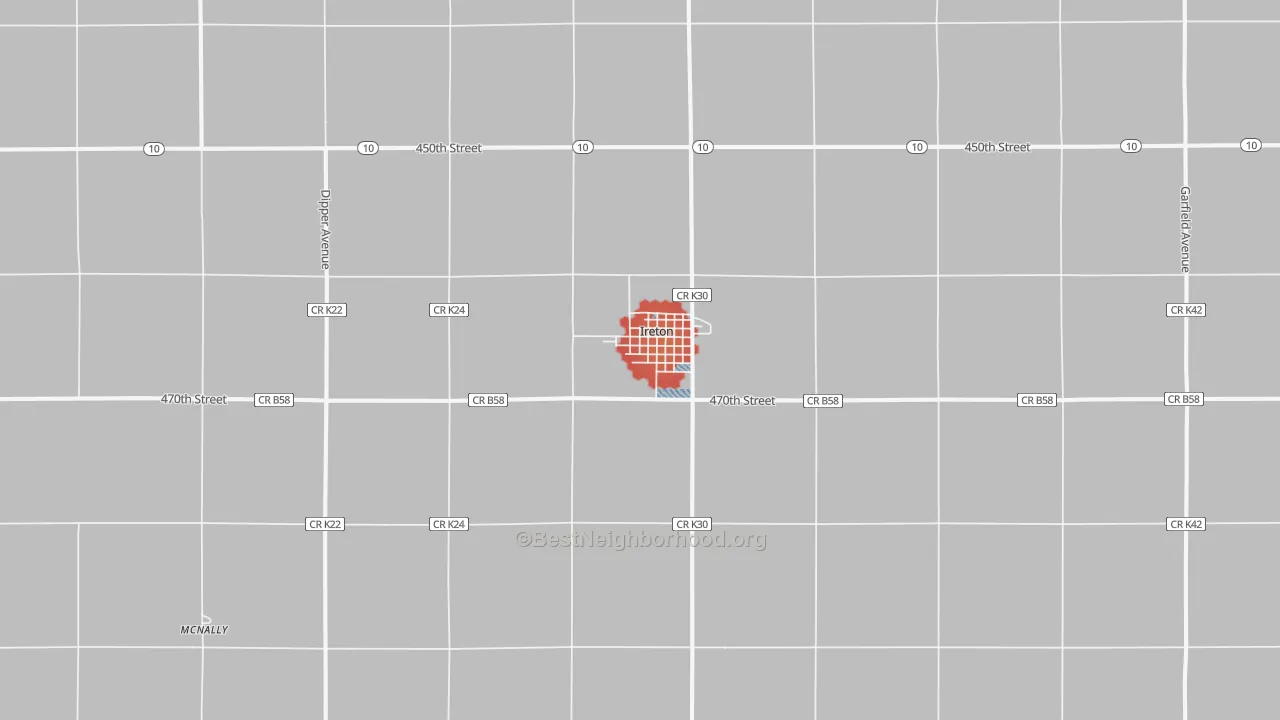Walk Grade map of 51027, IA, walkable areas in green and car-dependent areas in red