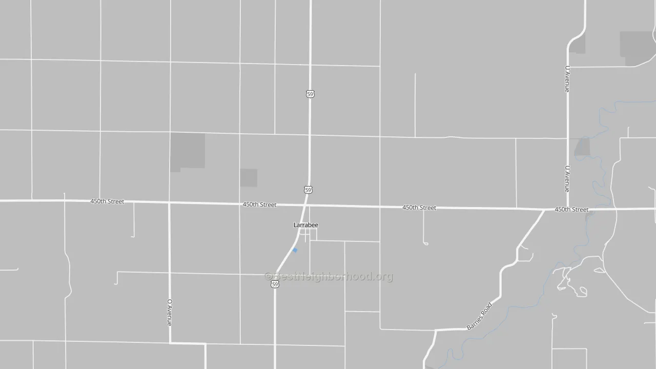 Walk Grade map of 51029, IA, walkable areas in green and car-dependent areas in red