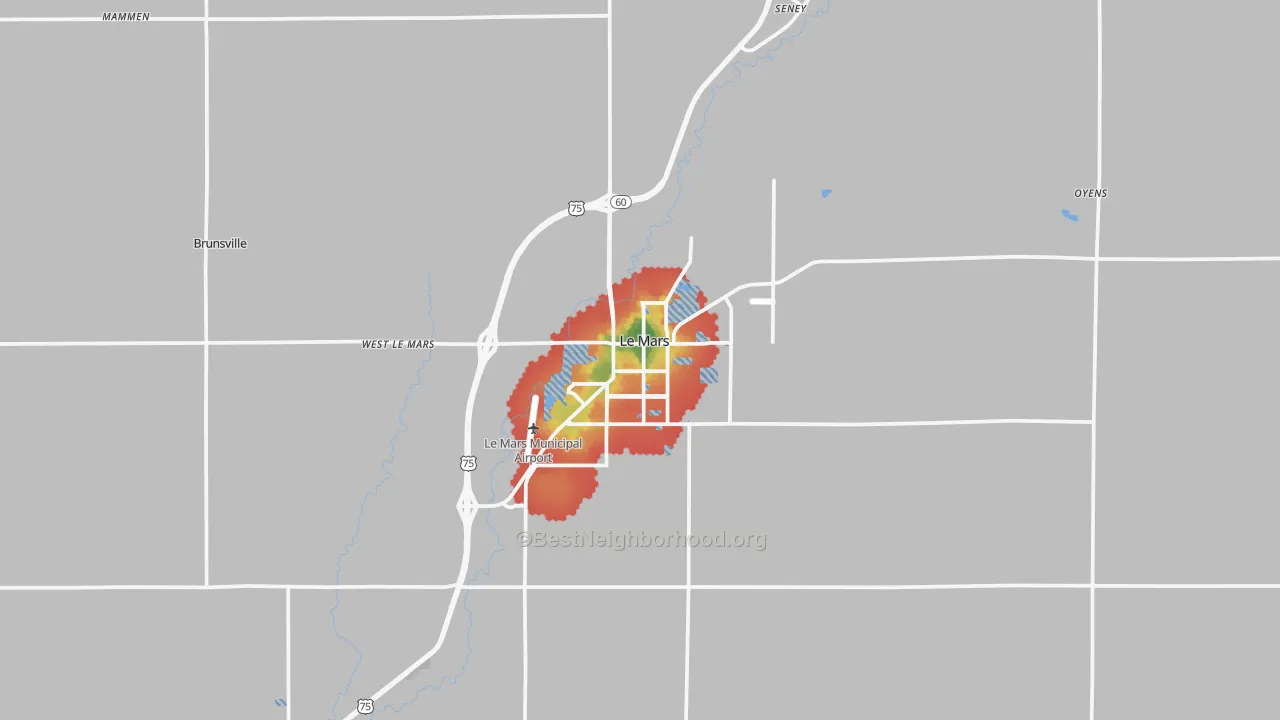 Walk Grade map of 51031, IA, walkable areas in green and car-dependent areas in red