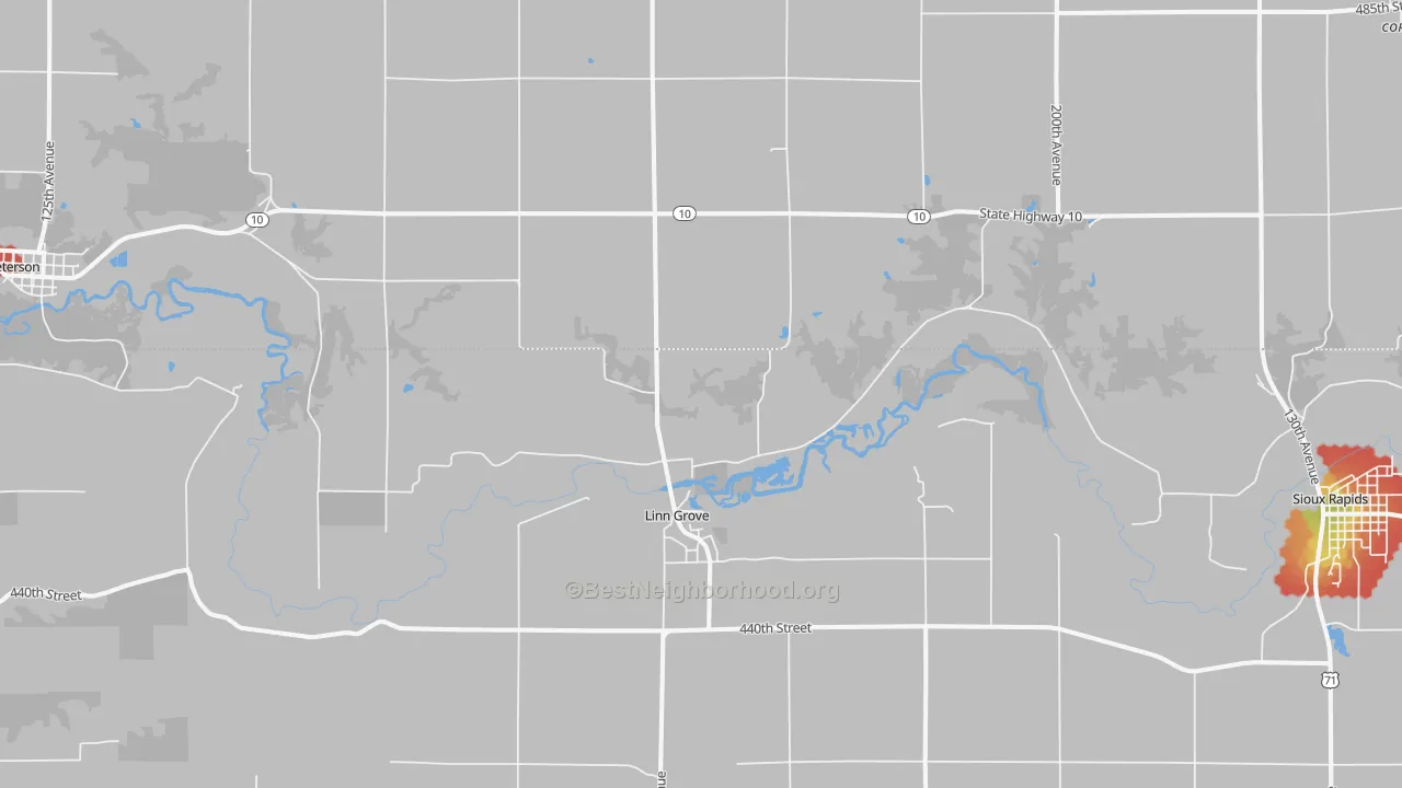 Walk Grade map of 51033, IA, walkable areas in green and car-dependent areas in red