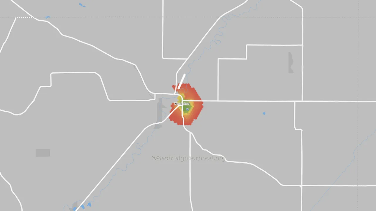 Walk Grade map of 51034, IA, walkable areas in green and car-dependent areas in red