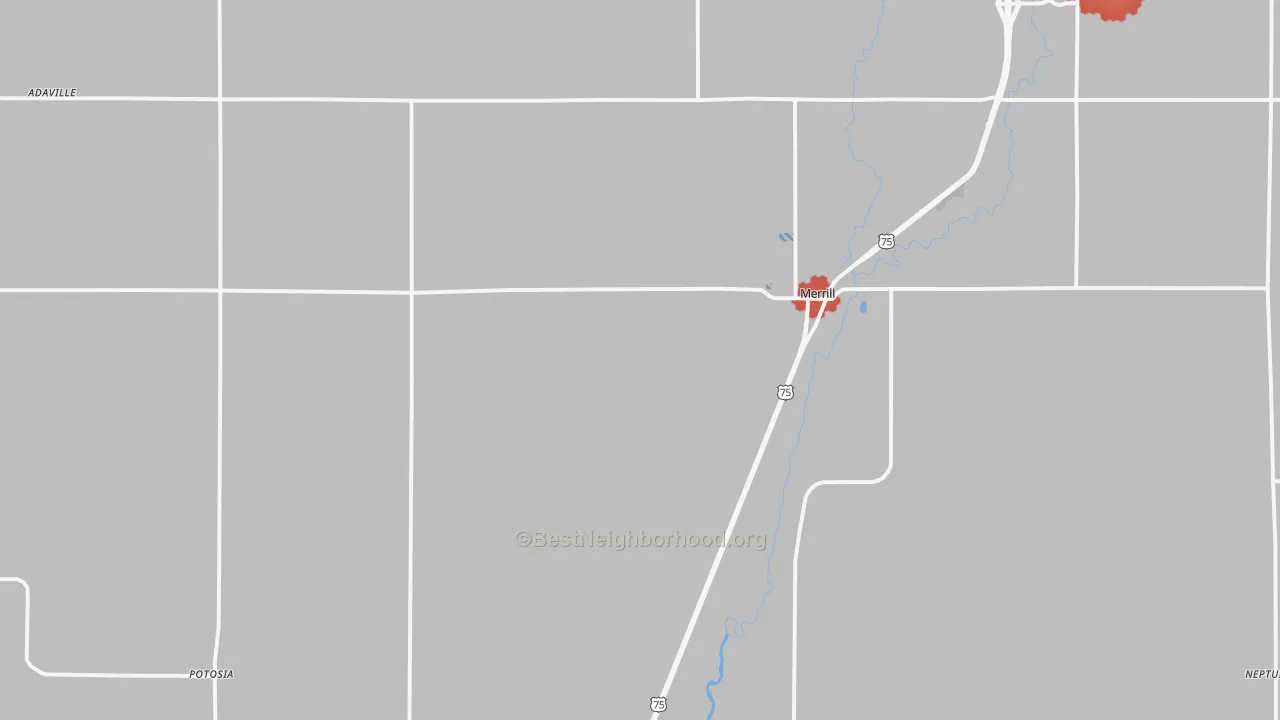 Walk Grade map of 51038, IA, walkable areas in green and car-dependent areas in red