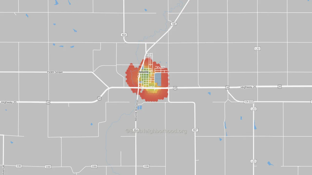 Walk Grade map of 51039, IA, walkable areas in green and car-dependent areas in red
