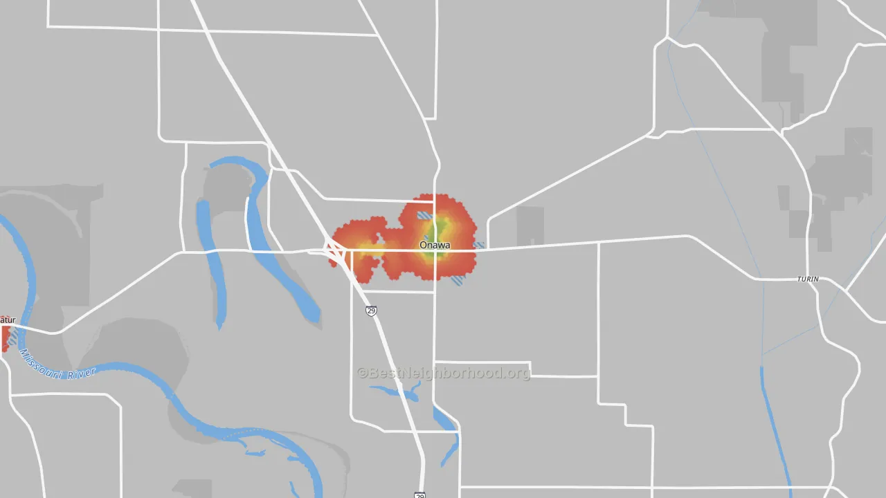 Walk Grade map of 51040, IA, walkable areas in green and car-dependent areas in red