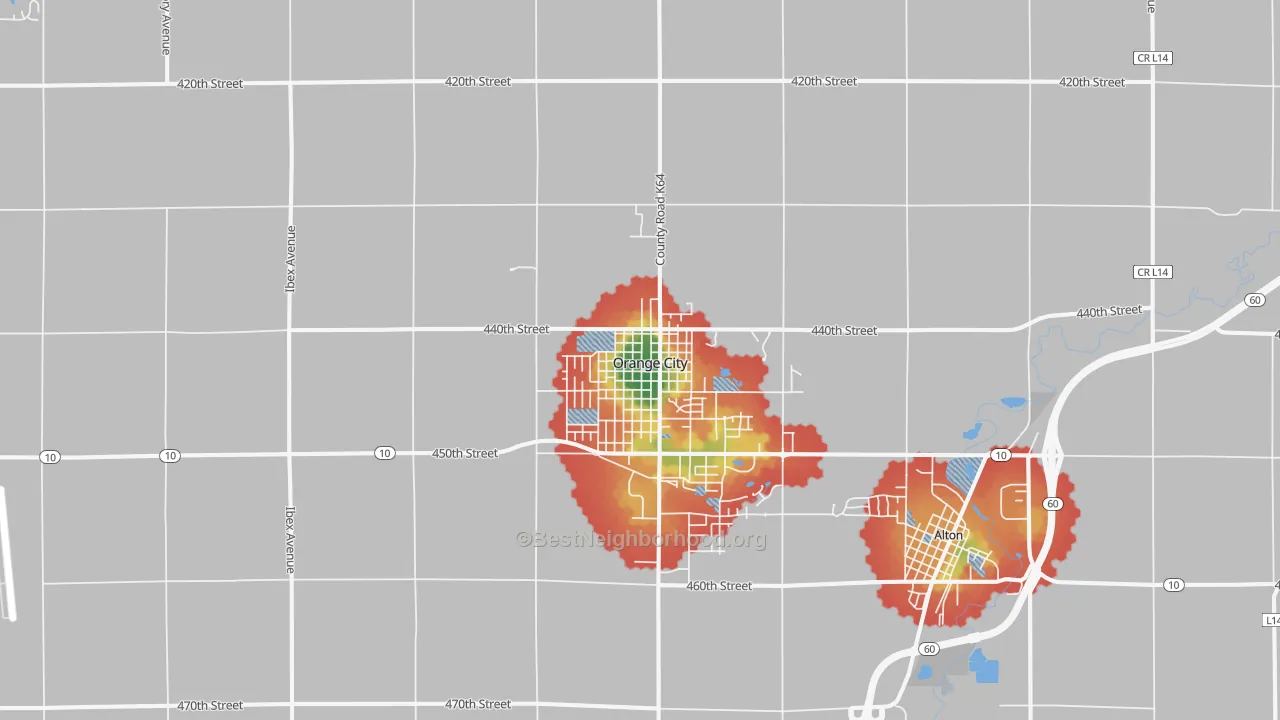 Walk Grade map of 51041, IA, walkable areas in green and car-dependent areas in red