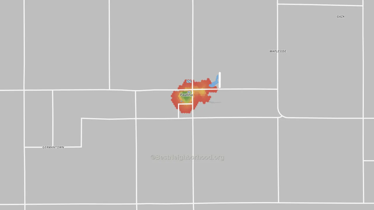 Walk Grade map of 51046, IA, walkable areas in green and car-dependent areas in red