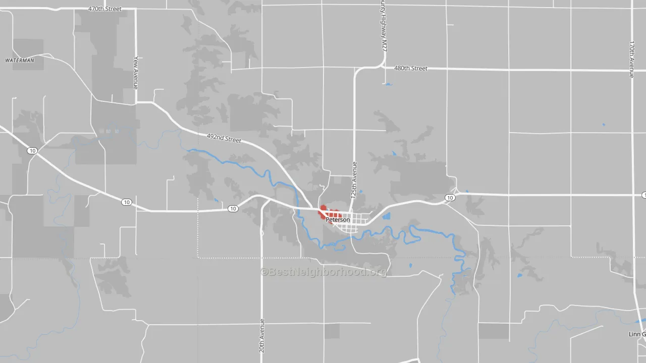 Walk Grade map of 51047, IA, walkable areas in green and car-dependent areas in red