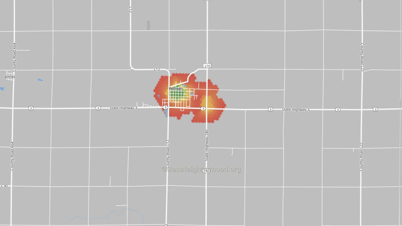 Walk Grade map of 51050, IA, walkable areas in green and car-dependent areas in red
