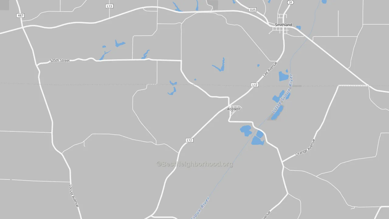 Walk Grade map of 51051, IA, walkable areas in green and car-dependent areas in red