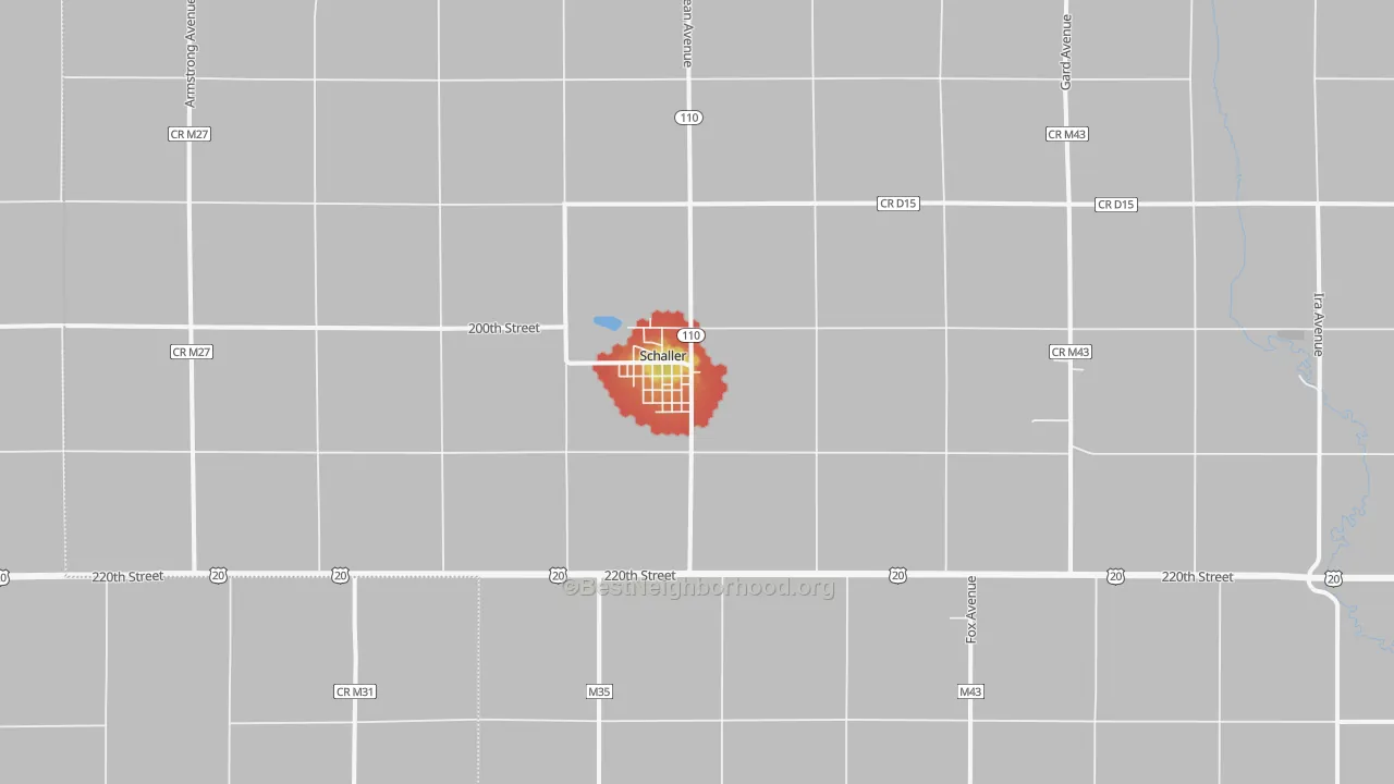 Walk Grade map of 51053, IA, walkable areas in green and car-dependent areas in red
