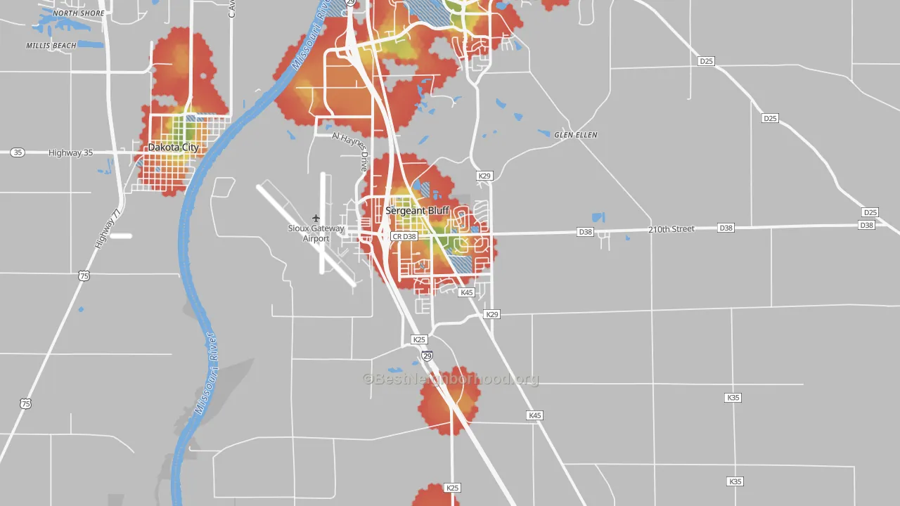 Walk Grade map of 51054, IA, walkable areas in green and car-dependent areas in red