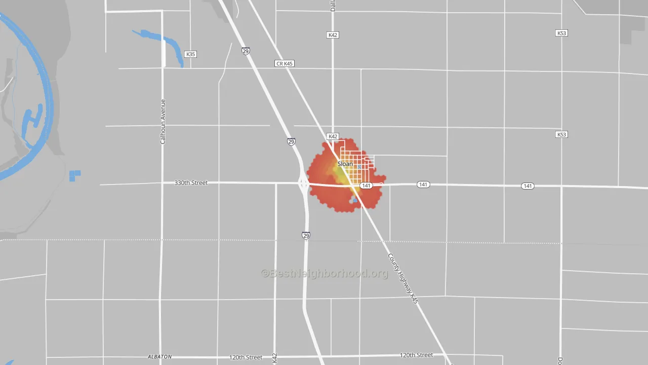 Walk Grade map of 51055, IA, walkable areas in green and car-dependent areas in red