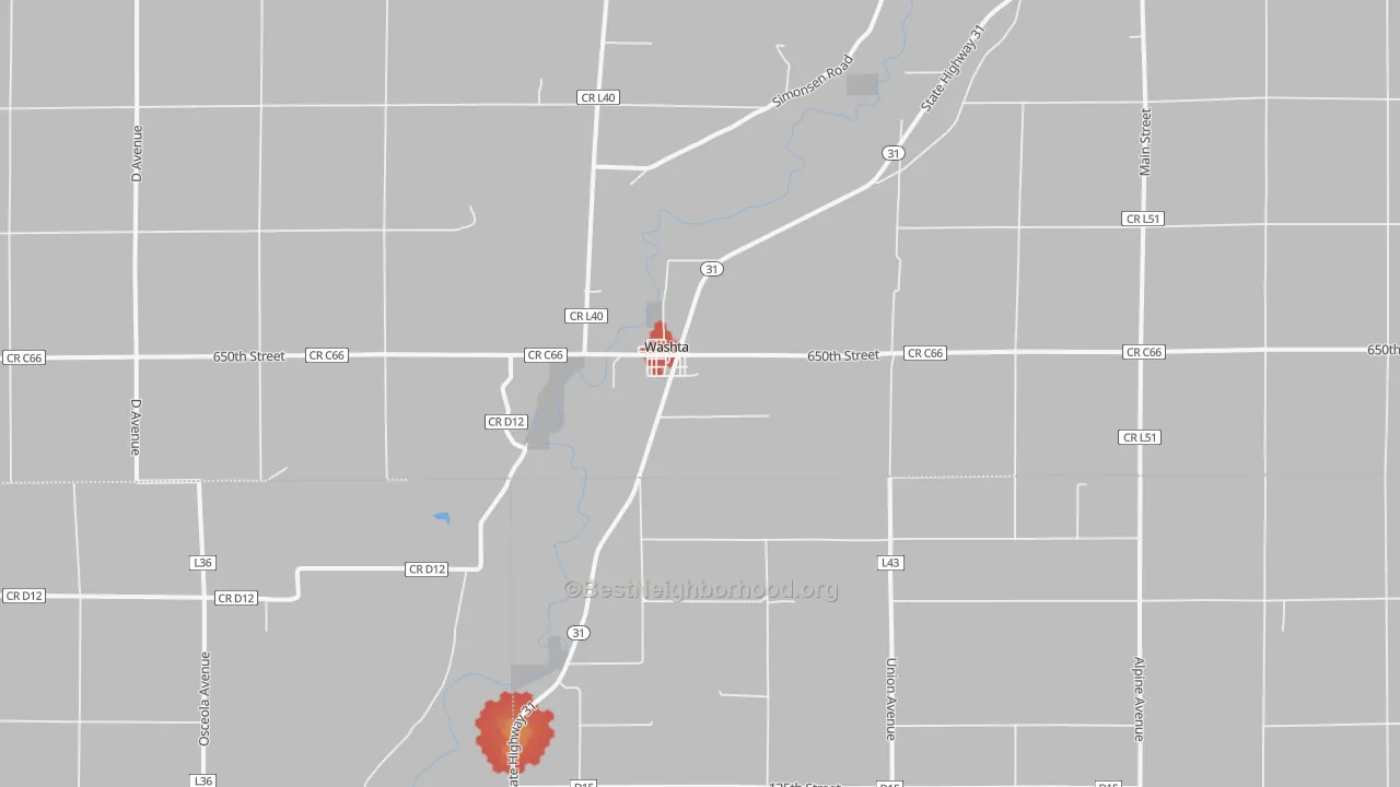 Walk Grade map of 51061, IA, walkable areas in green and car-dependent areas in red