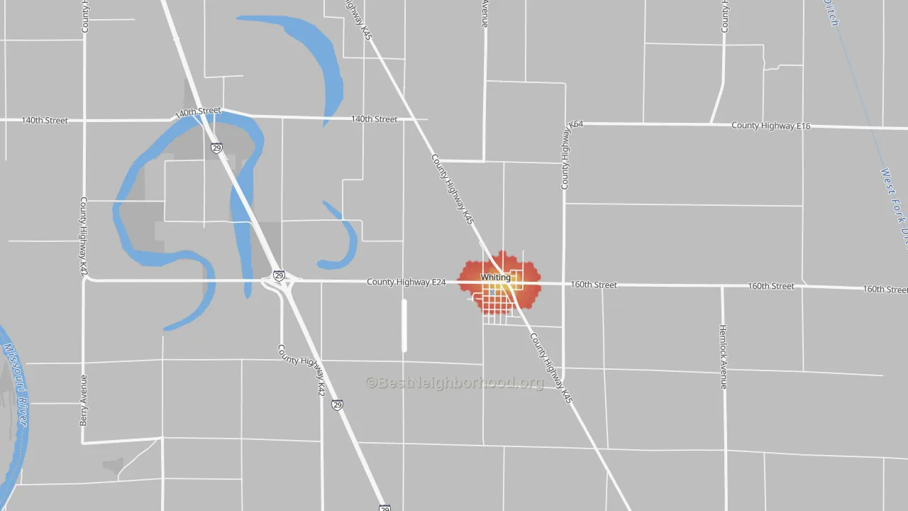 Walk Grade map of 51063, IA, walkable areas in green and car-dependent areas in red