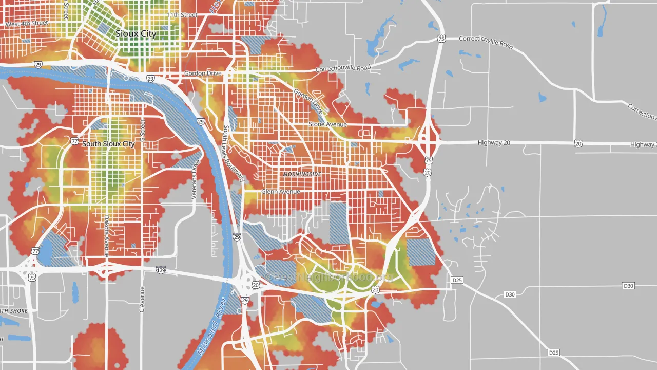 Walk Grade map of 51106, IA, walkable areas in green and car-dependent areas in red