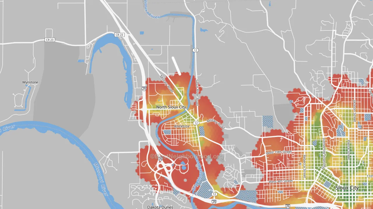 Walk Grade map of 51109, IA, walkable areas in green and car-dependent areas in red