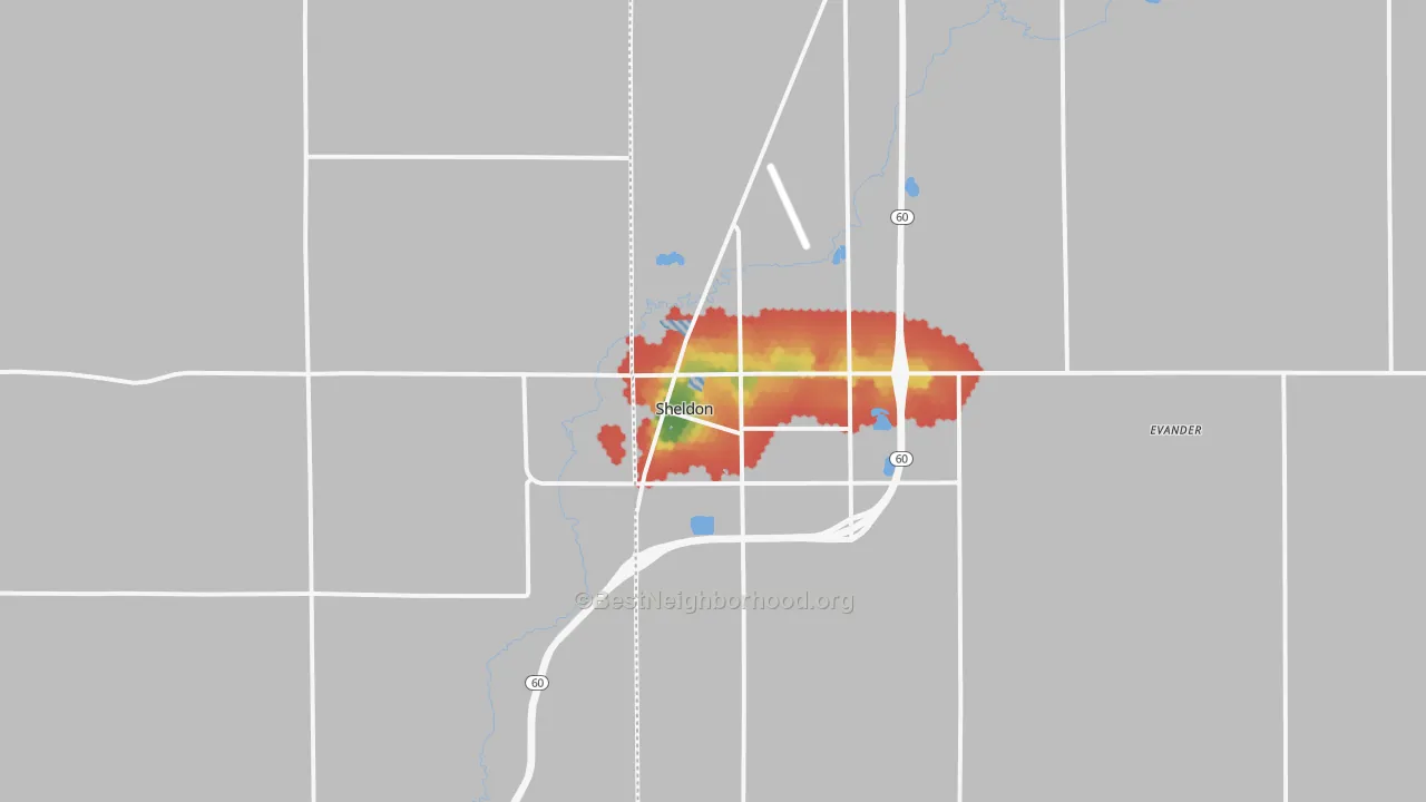 Walk Grade map of 51201, IA, walkable areas in green and car-dependent areas in red
